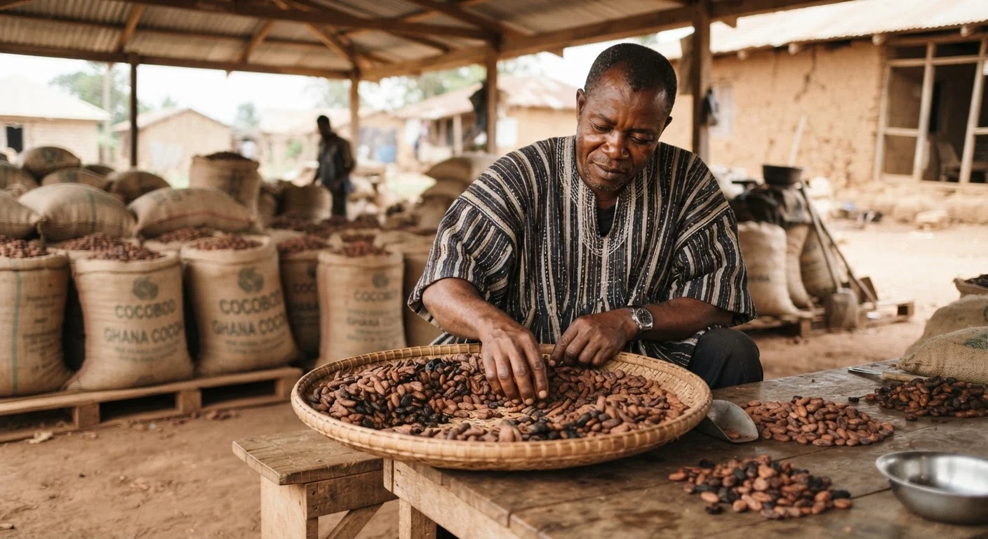 A Ghanaian cocoa grader sorting dried cocoa beans by hand on a wide tray, checking for mould and insect damage, sacks of graded beans stacked nearby, documentary photograph