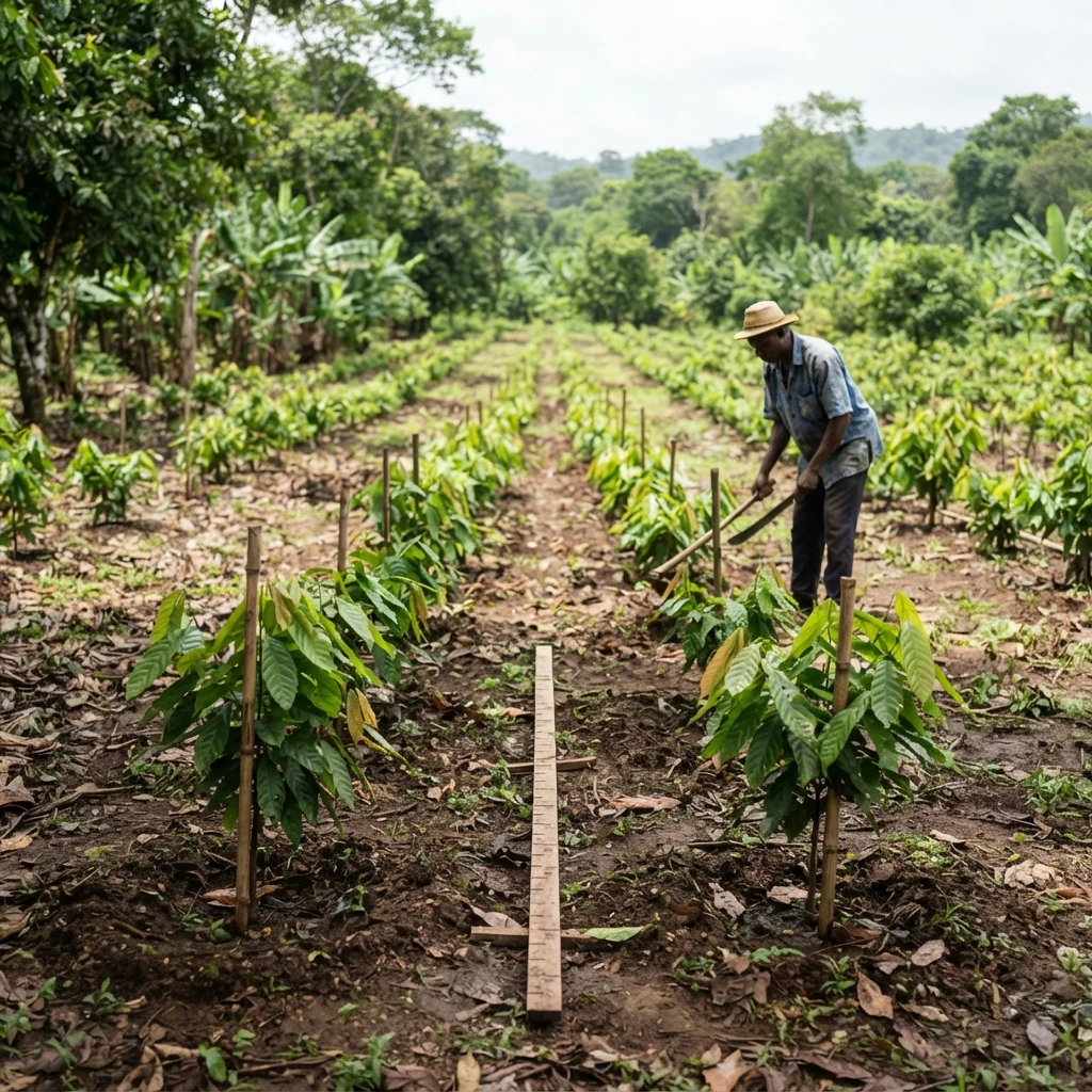 A Ghanaian cocoa farmer measuring row spacing with a long wooden measuring stick between newly planted seedlings, a machete in hand, documentary photograph