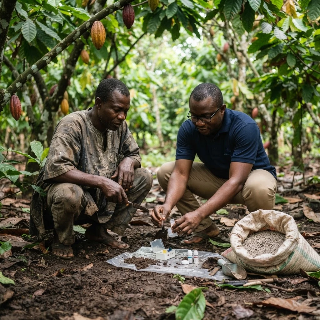 Two Ghanaian cocoa farmers crouched over a soil-testing kit laid out on a plastic sheet on the ground, a sack of granular fertiliser open beside them, documentary photograph