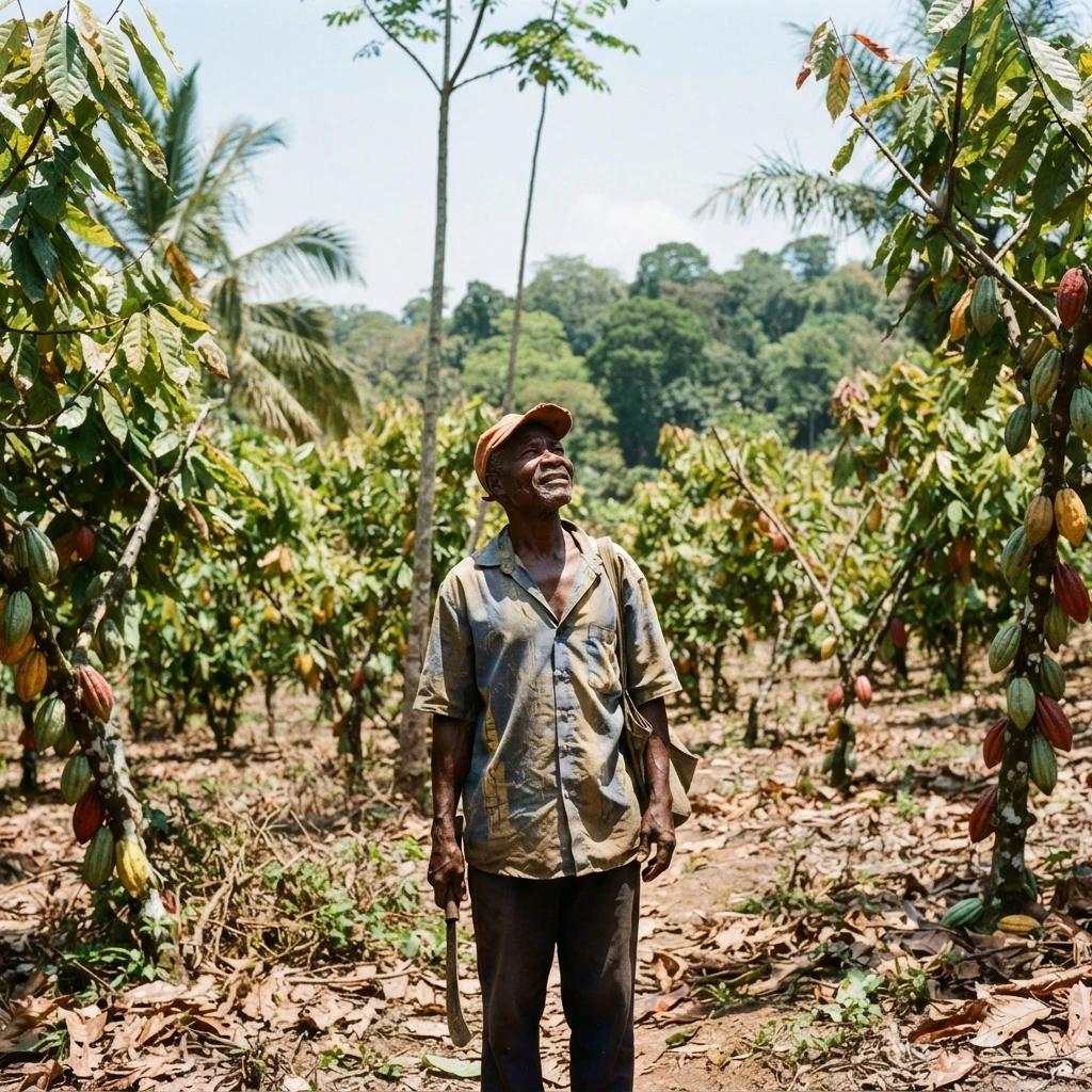 A Ghanaian cocoa farmer standing among heavily fruiting cocoa trees under near-full sun with almost no shade canopy overhead, documentary photograph
