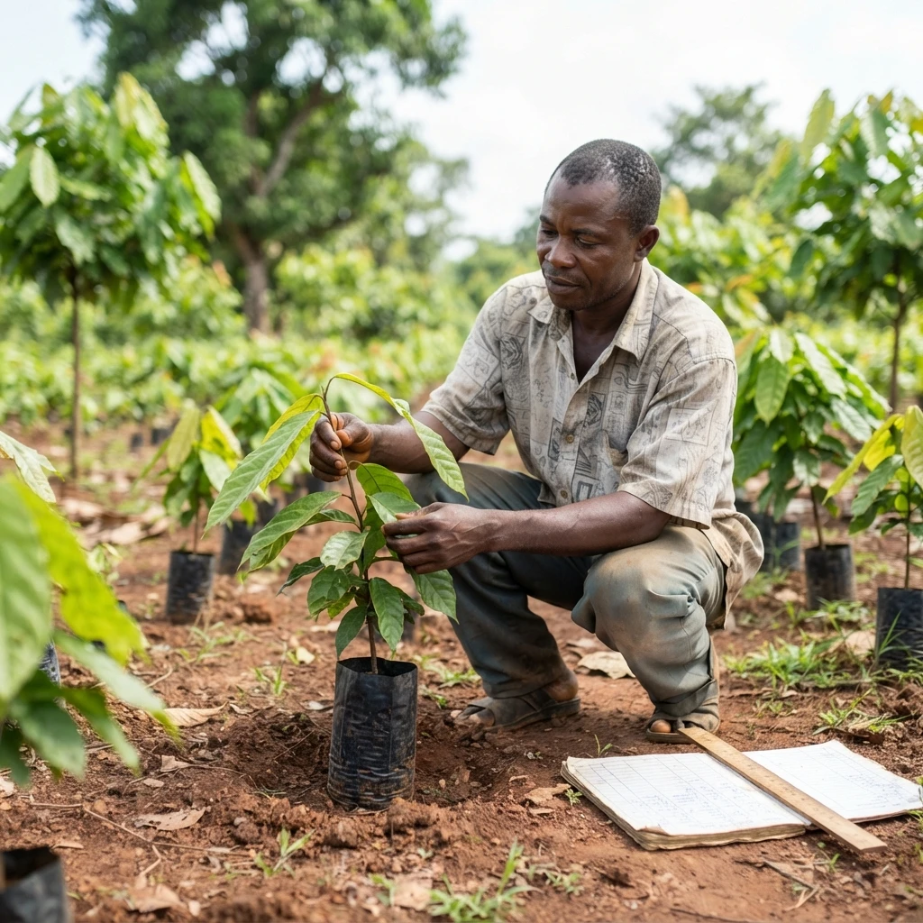 A Ghanaian cocoa farmer inspecting a young hybrid seedling in a nursery bag, a ruled record book and ruler open on the ground beside him, documentary photograph