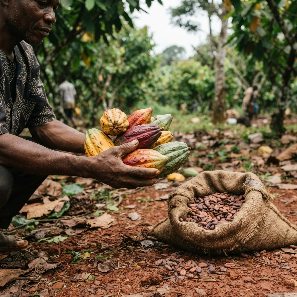 A Ghanaian cocoa farmer holding a handful of mixed-colour cocoa pods beside a jute sack of dried beans, no visible provenance record, documentary photograph