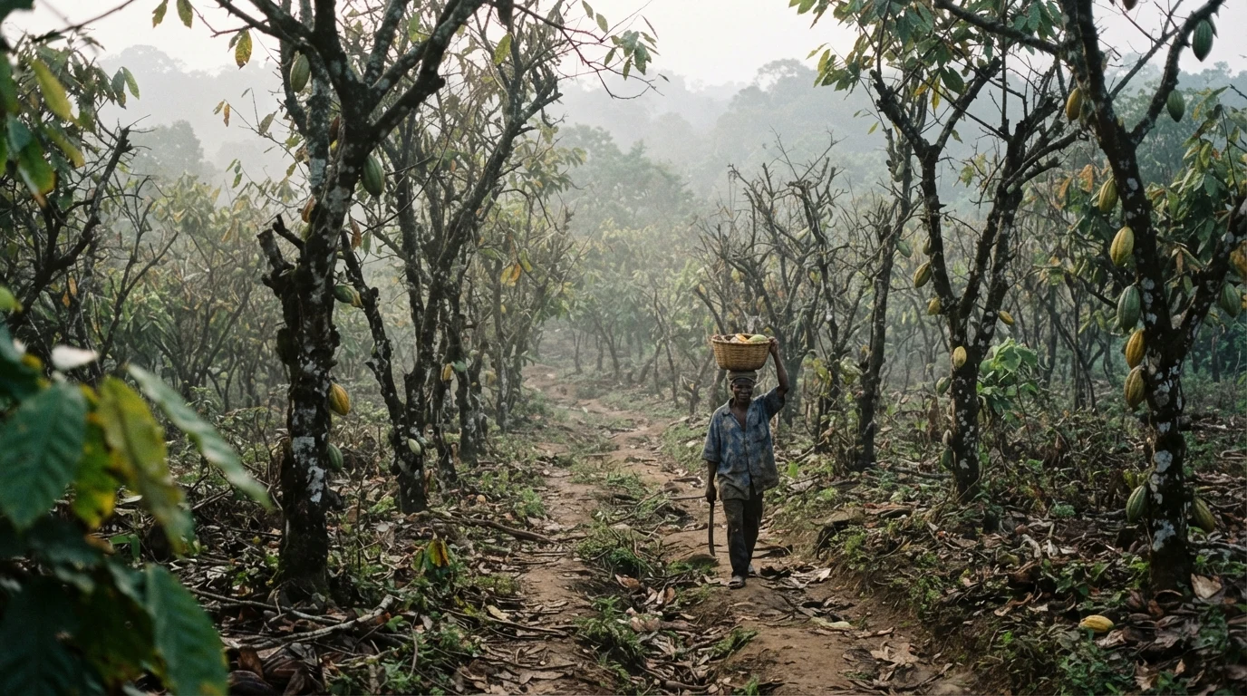 A wide view of an aging cocoa farm in Ghana with sparse pods and patchy canopy, a farmer walking a dirt path between the rows, documentary photograph