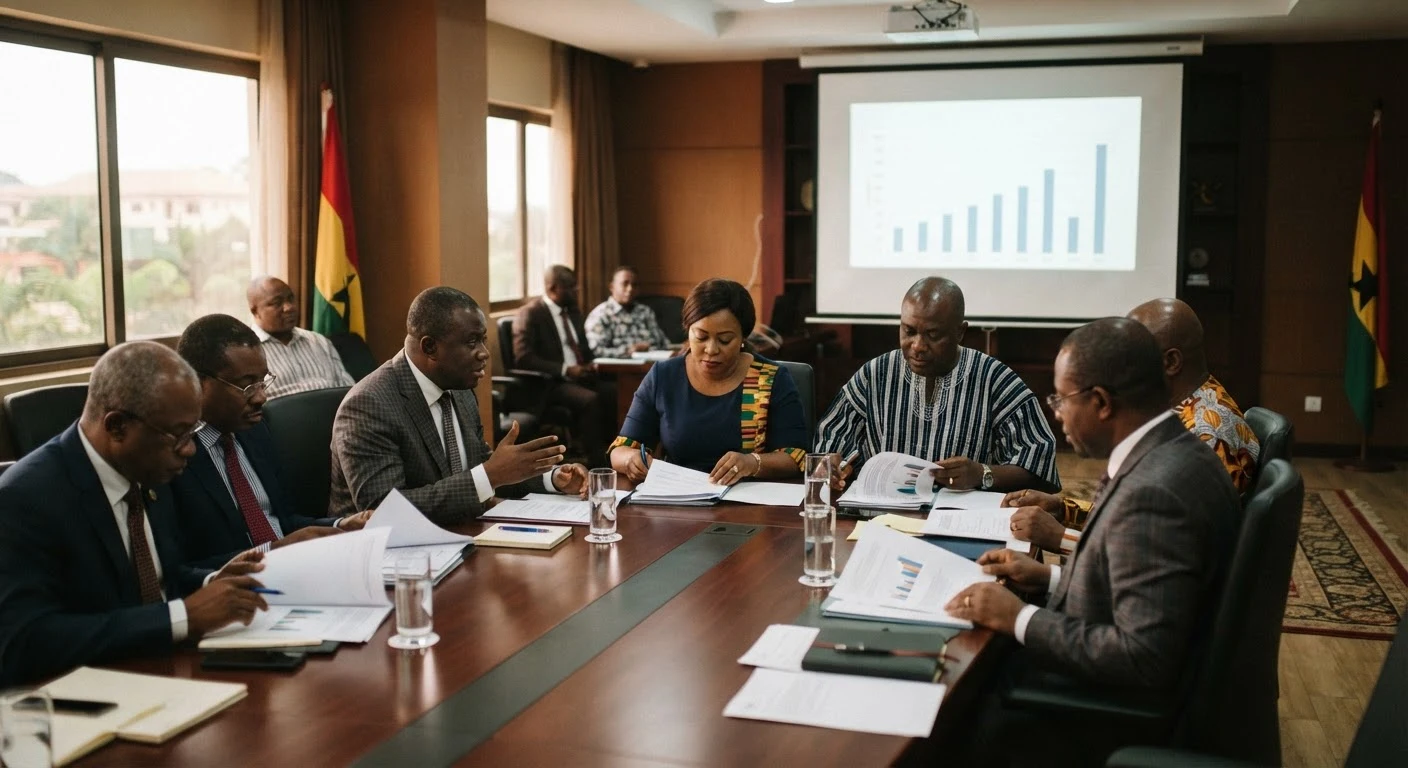 A formal Ghanaian government meeting room, officials in business attire seated around a long table reviewing printed policy documents, documentary photograph