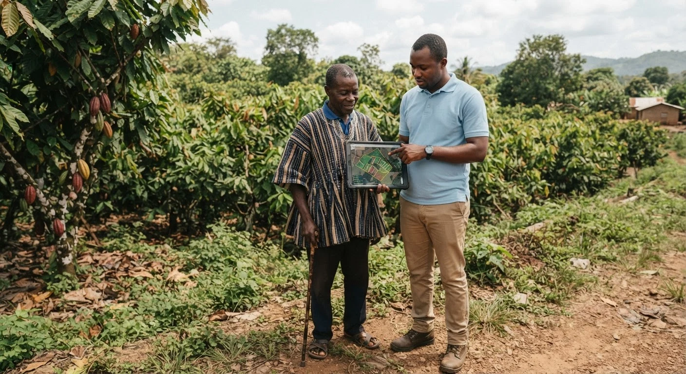 A Ghanaian cocoa extension agent showing a farmer a tablet displaying a satellite map with highlighted farm plots, standing at the edge of a cocoa farm, documentary photograph