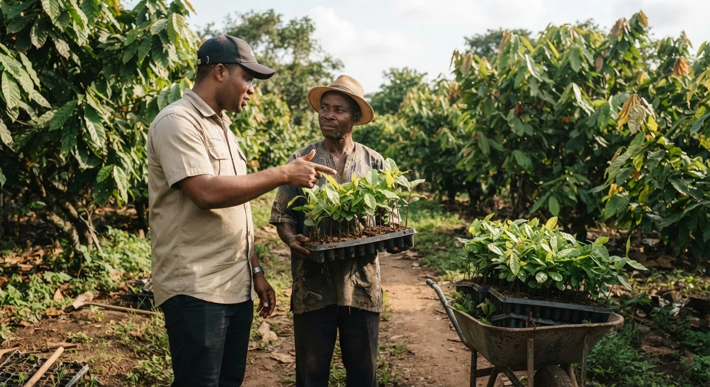 A Ghanaian extension officer showing a smallholder farmer young cashew and rubber tree seedlings ready for planting beside an established cocoa farm, documentary photograph