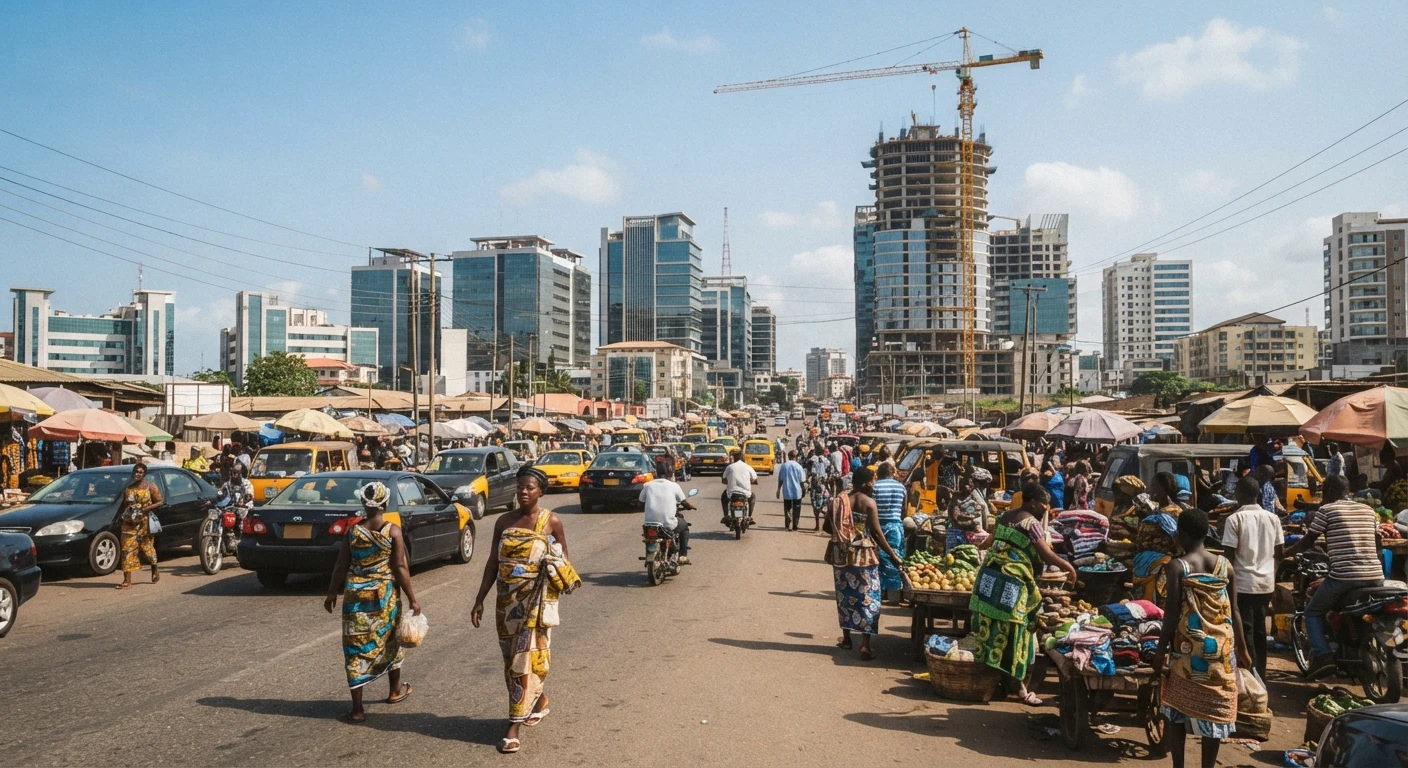 A wide shot of a busy Accra street with modern office buildings and a construction crane in the background, market traders and cars in the foreground, documentary photograph