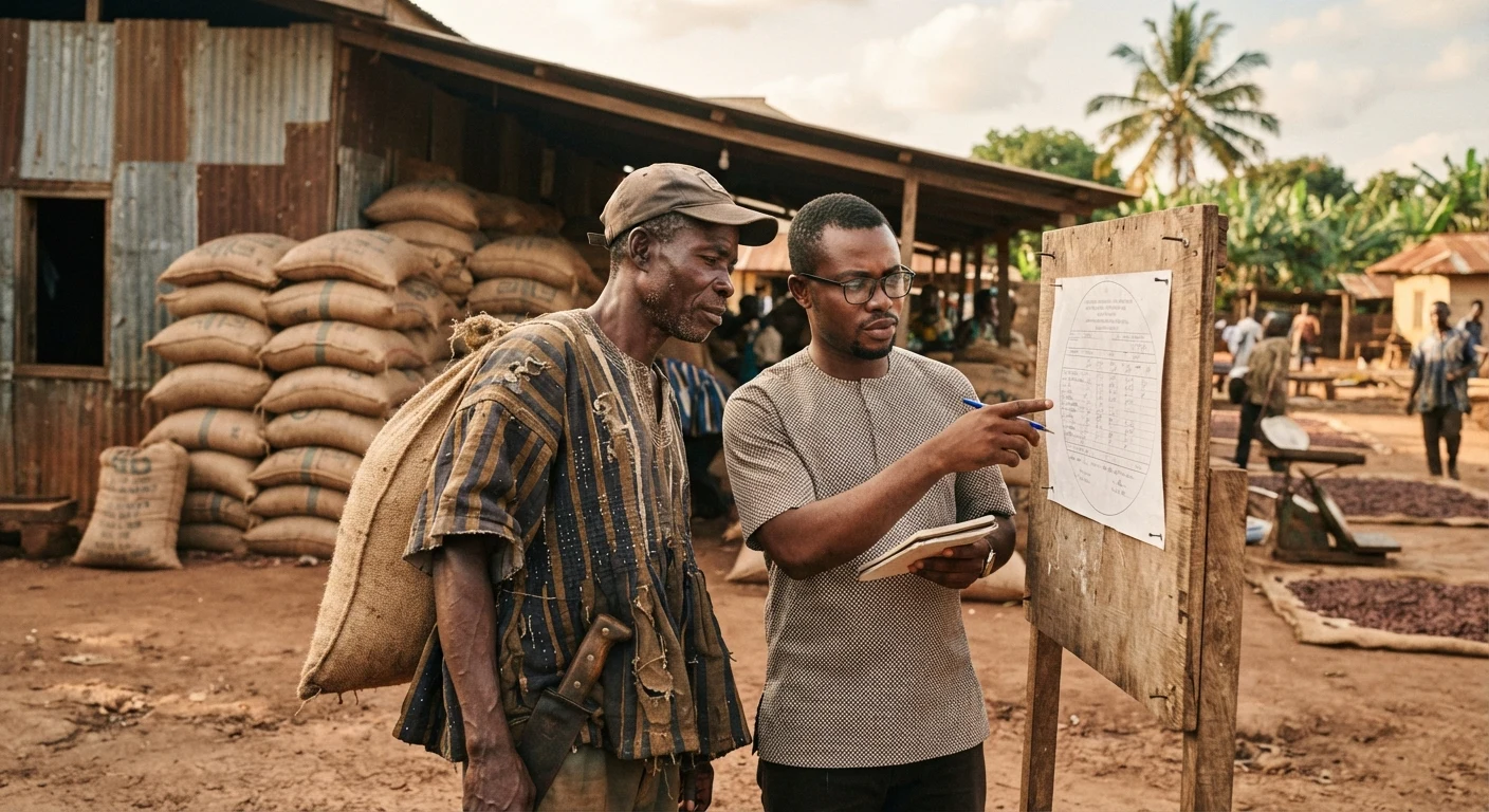 A Ghanaian cocoa farmer and a licensed buying company clerk reading a freshly posted producer price circular pinned to a notice board outside a rural purchasing shed, documentary photograph