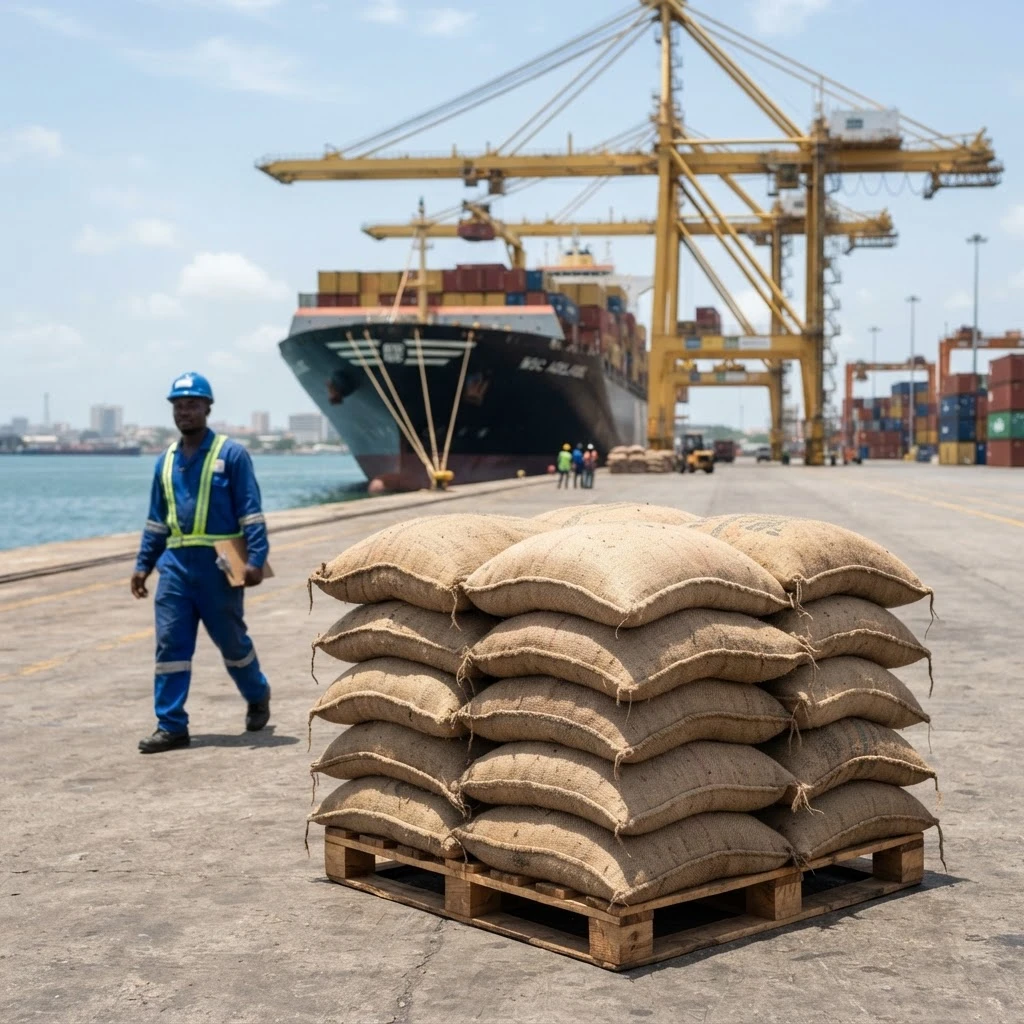 A Ghanaian port worker walking past a pallet of stacked jute sacks of cocoa beans with a cargo ship and container cranes behind him, documentary photograph