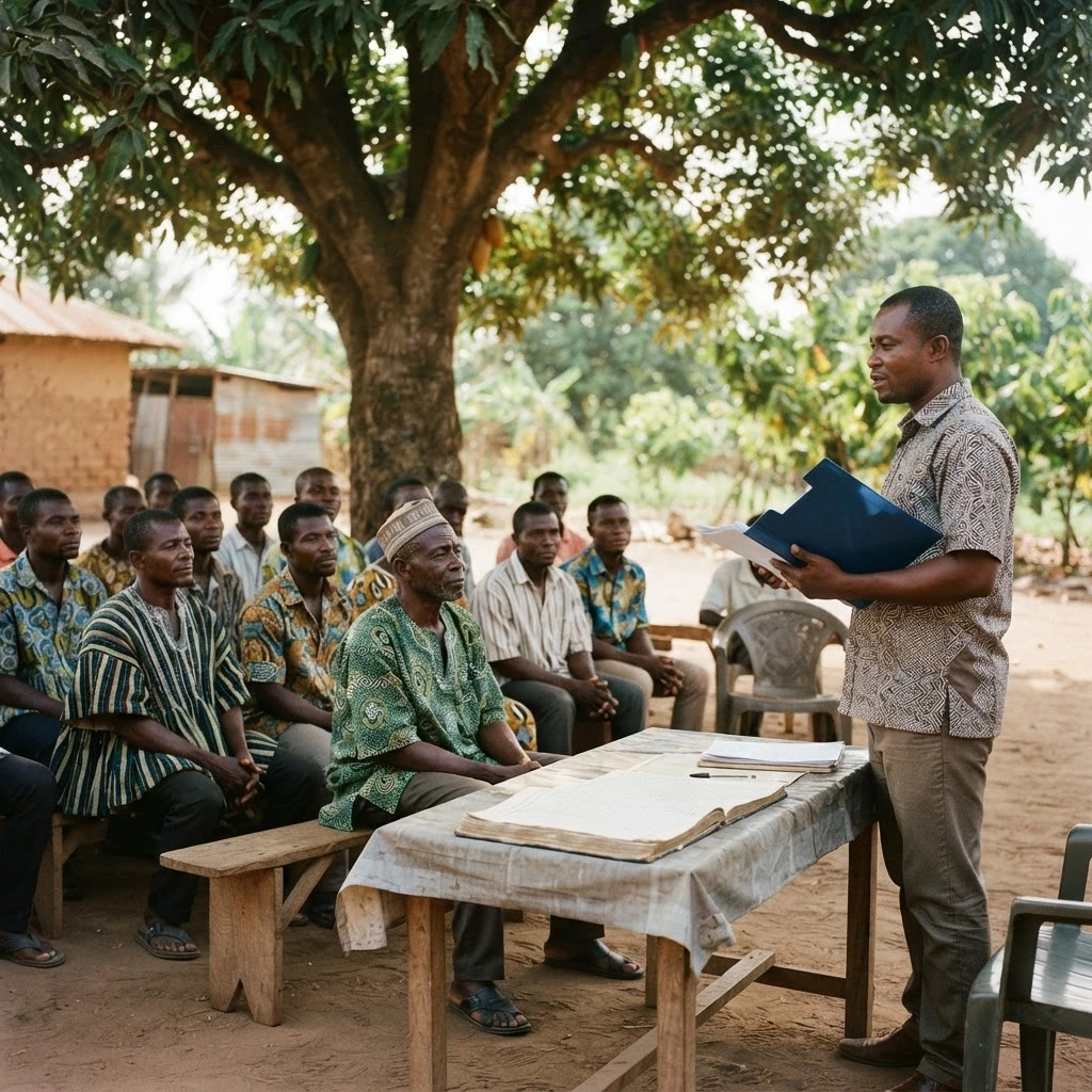 A Ghanaian government extension officer addressing a group of seated cocoa farmers under a shade tree beside a table with an open ledger book, documentary photograph