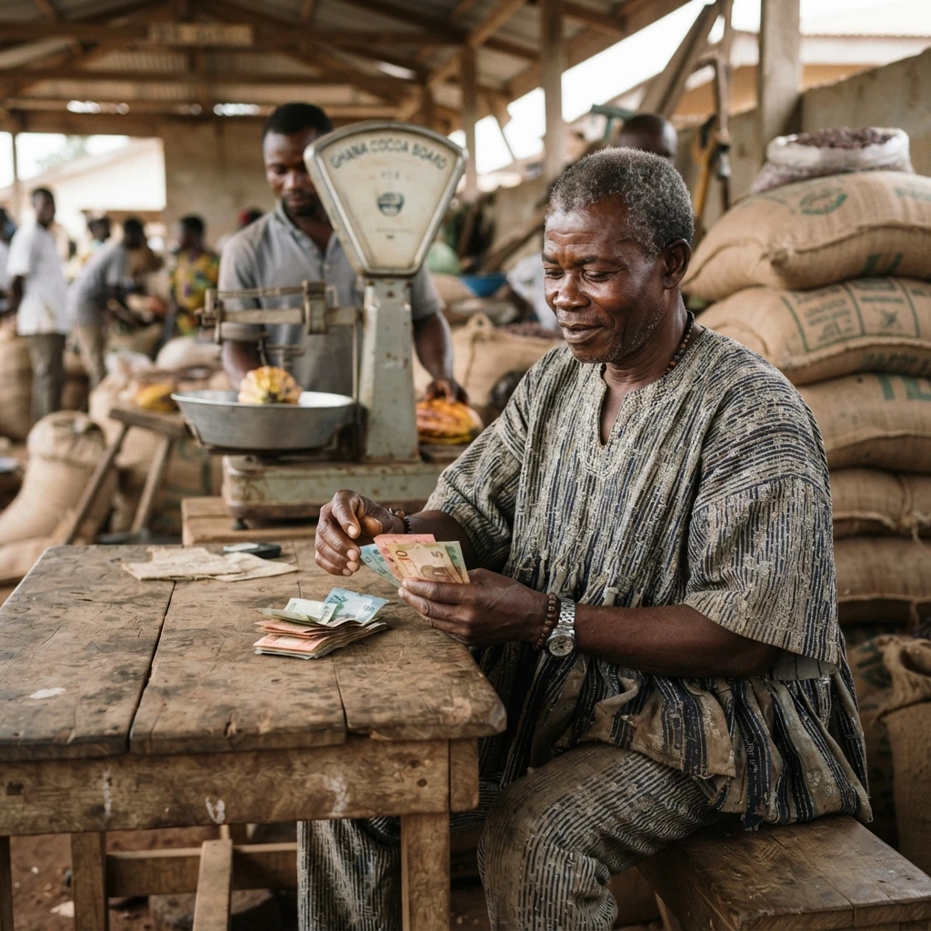 A Ghanaian cocoa farmer counting a small stack of cedi banknotes beside a weighing scale at a licensed buying company shed, sacks of beans stacked behind him, documentary photograph