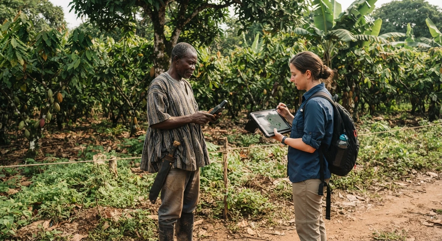 A Ghanaian cocoa farmer and a field agent standing at the edge of a cocoa farm using a handheld GPS device and a tablet to map the plot boundary, documentary photograph