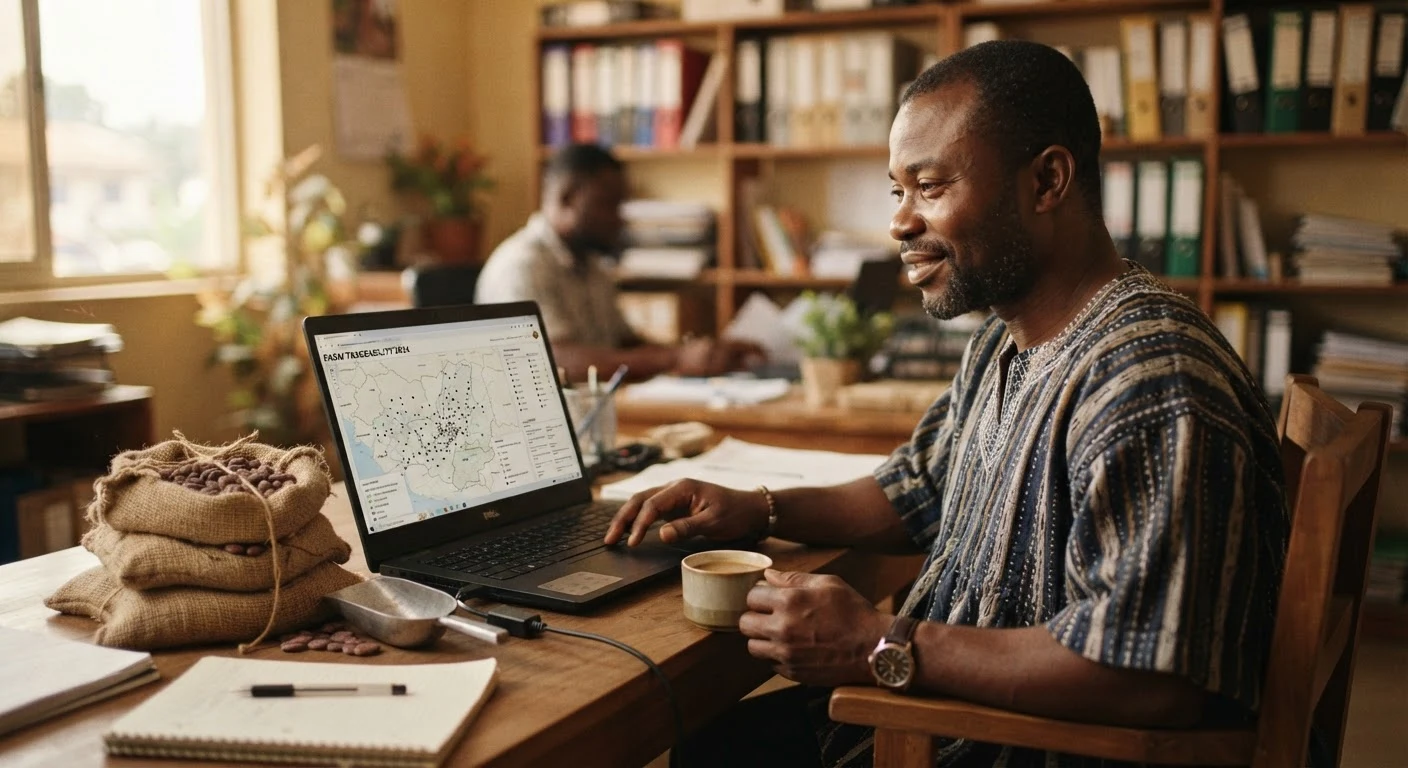 A Ghanaian cocoa exporter reviewing a laptop showing a farm traceability map, a small stack of jute sample sacks of cocoa beans on the desk, documentary photograph