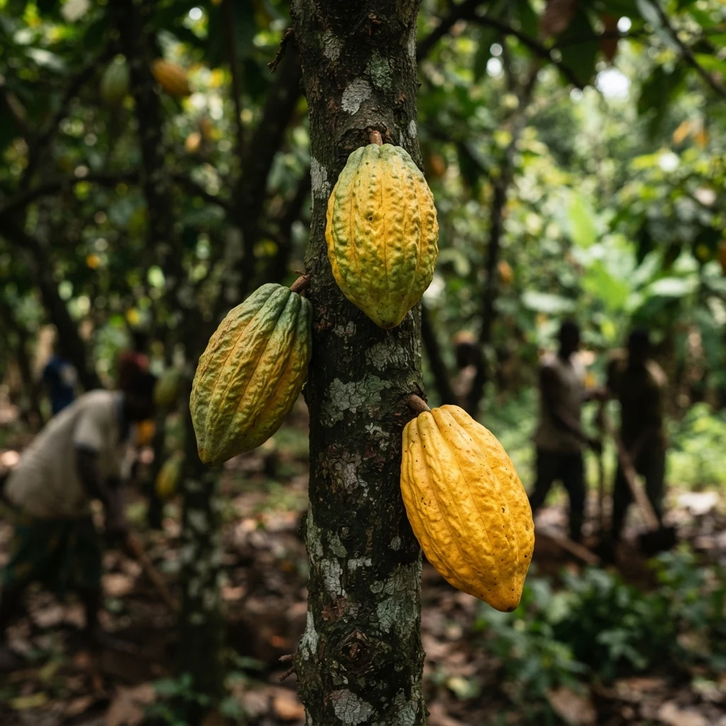 West African Amelonado cocoa pods, small and deeply furrowed, yellow-green in colour, on a tree trunk with farm workers blurred in the background