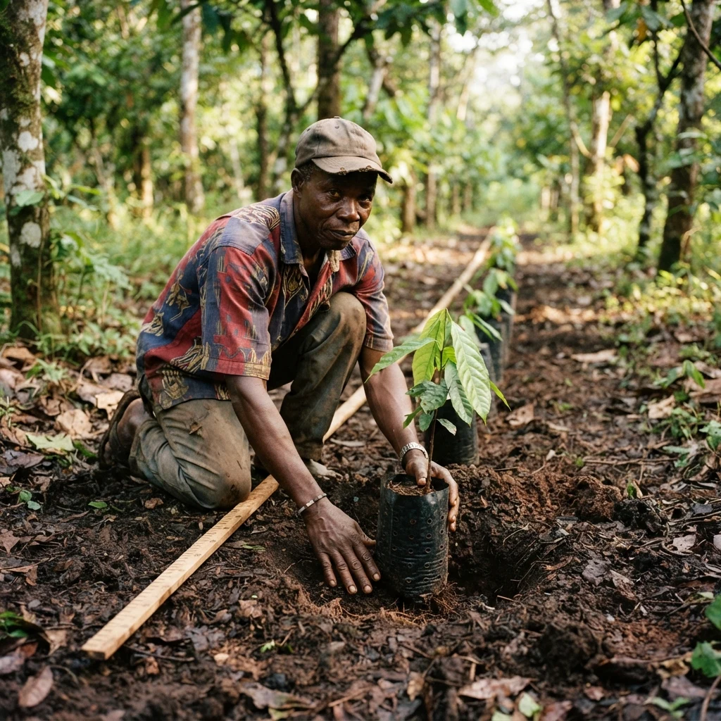 A Ghanaian cocoa farmer planting a seedling in a shaded forest plot, other seedlings waiting in black nursery bags nearby, documentary photograph