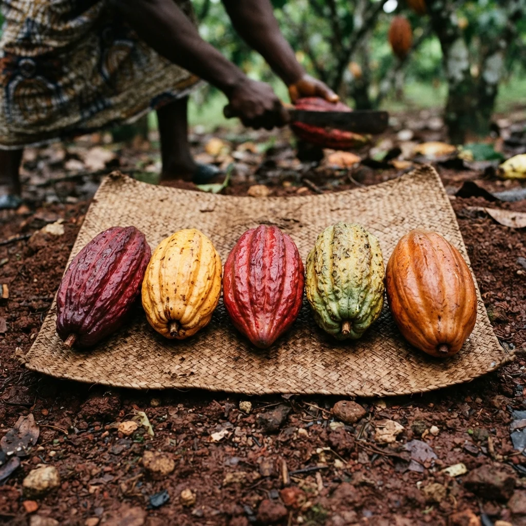 Five cocoa pods of different colours lined up on a woven mat, ranging from deep purple to yellow to orange, a farmer splitting a pod with a machete in the background, documentary photograph