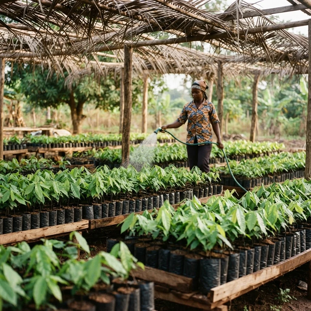 A worker watering rows of cocoa seedlings in black nursery bags under a thatched shade structure at a seed garden, documentary photograph