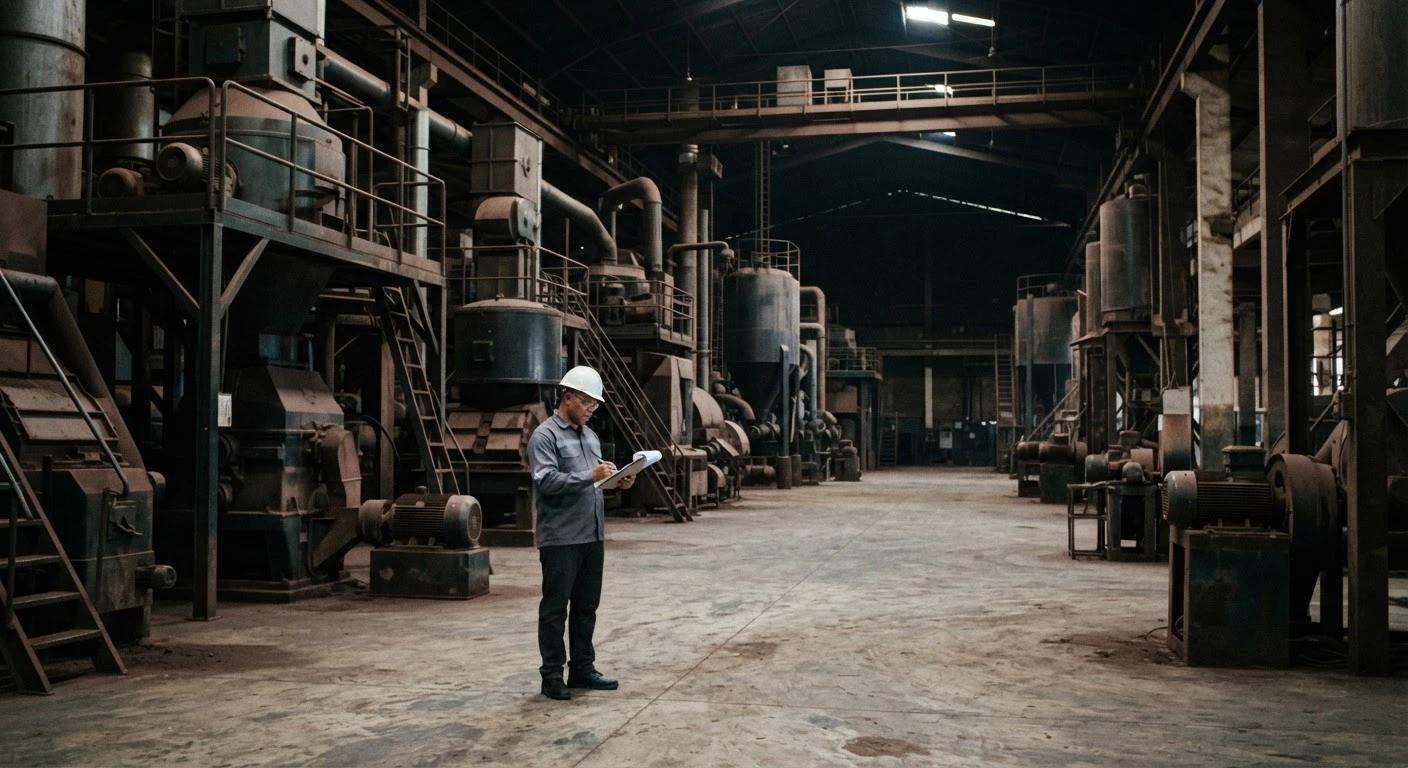 A quiet Ghanaian state-owned cocoa processing factory floor, tall grinding and pressing machinery standing idle, a lone manager reviewing a clipboard, documentary photograph