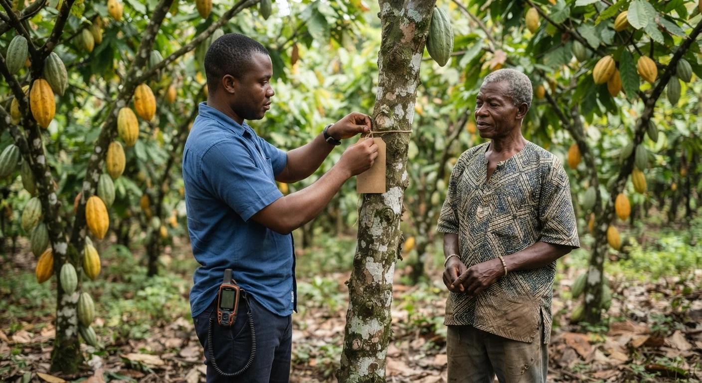 A Ghanaian cocoa farmer and a field agent standing at the edge of a cocoa farm, the agent attaching a small tag to a tree trunk while holding a tablet computer, cocoa pods visible on nearby trees, documentary photograph