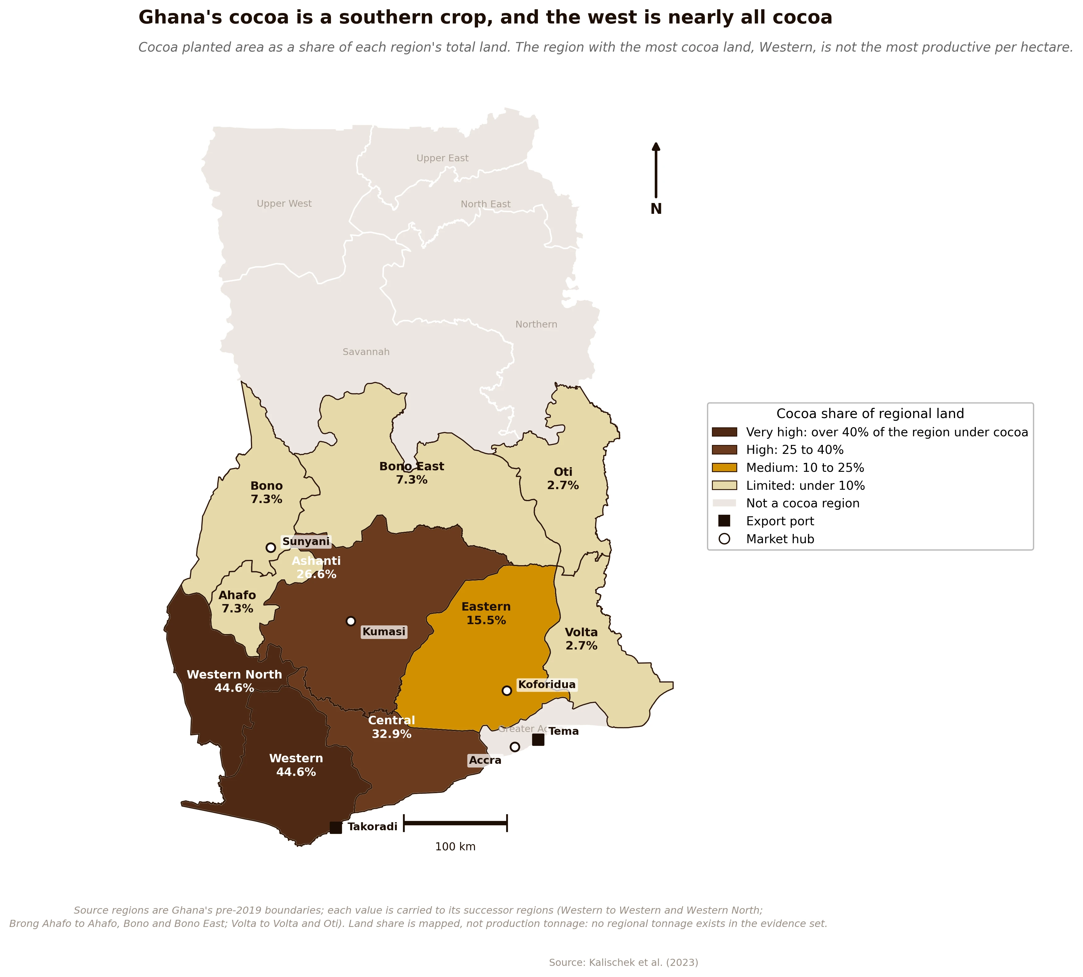 A map of Ghana showing the share of each region's land under cocoa, concentrated in the south and west, with export ports and market hubs marked
