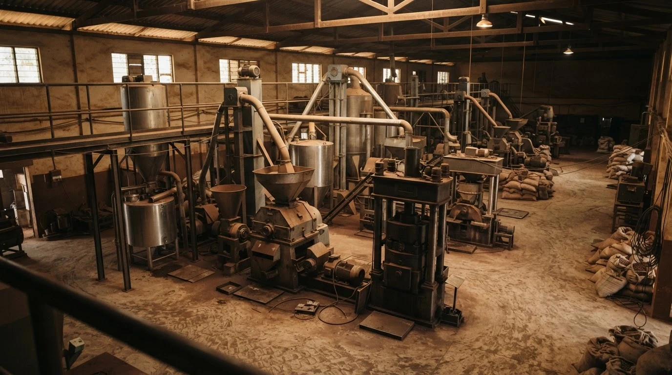 A wide interior view of a Ghanaian cocoa processing factory with large industrial grinding and pressing machines, most of the plant quiet and idle, dim overhead lighting, no workers visible, documentary photograph