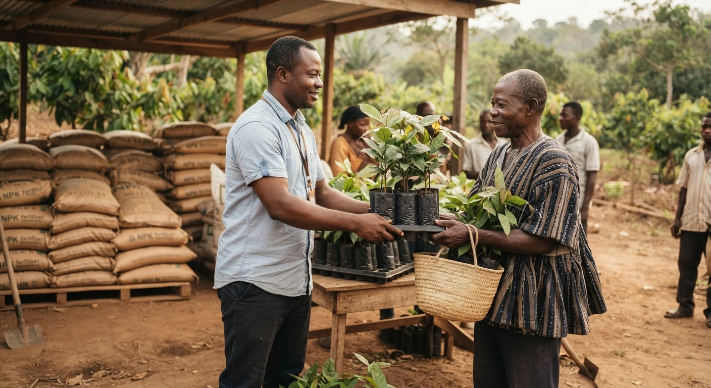 A Ghanaian agricultural extension worker distributing cocoa hybrid seedlings in black nursery bags to a smallholder farmer at a COCOBOD input distribution point, sacks of fertiliser stacked nearby, documentary photograph