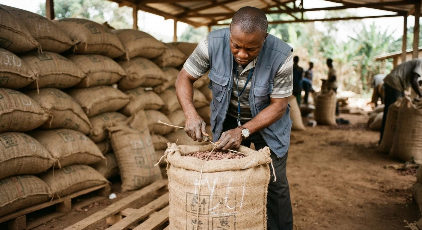 A Ghanaian quality control grading officer inspecting and sealing a jute sack of dried cocoa beans at an upcountry grading depot, other graded and stamped sacks stacked nearby, documentary photograph