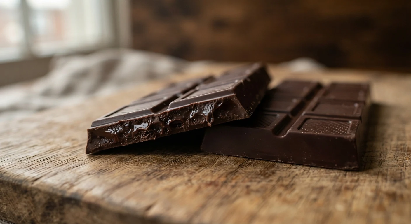 A macro photograph of two dark chocolate bars, one broken in half showing the glossy cross-section, resting on a plain wooden board, documentary photograph
