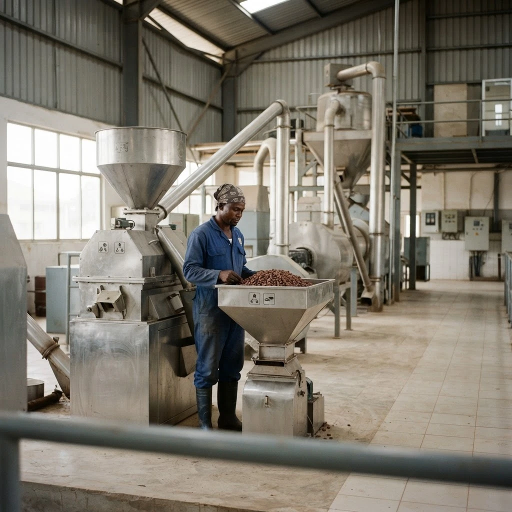 A Ghanaian cocoa processing factory worker feeding beans into a grinding machine, other machinery visible around him, documentary photograph