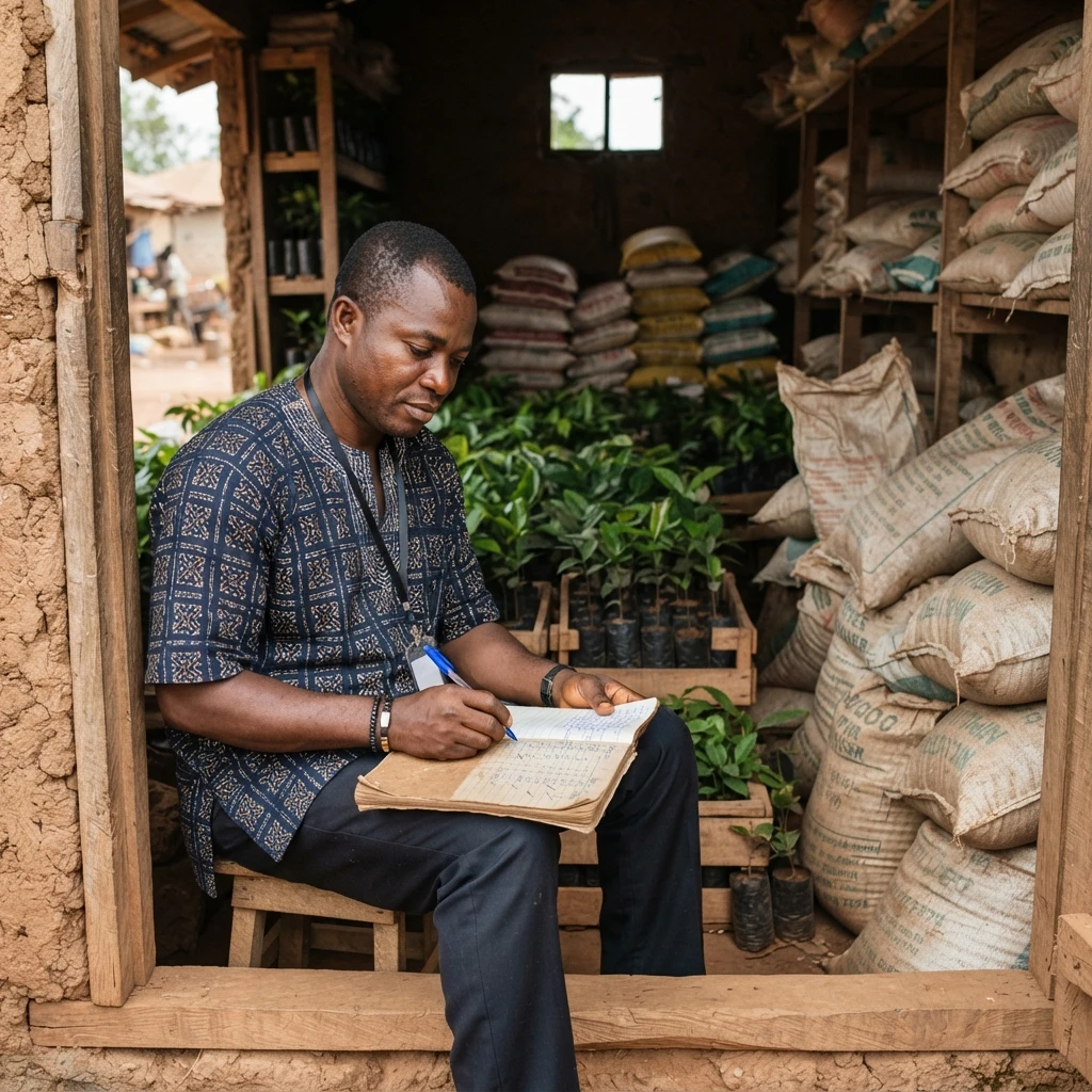 A Ghanaian agro-input dealer writing in a ledger beside stacked fertiliser sacks and cocoa seedlings in nursery bags, documentary photograph