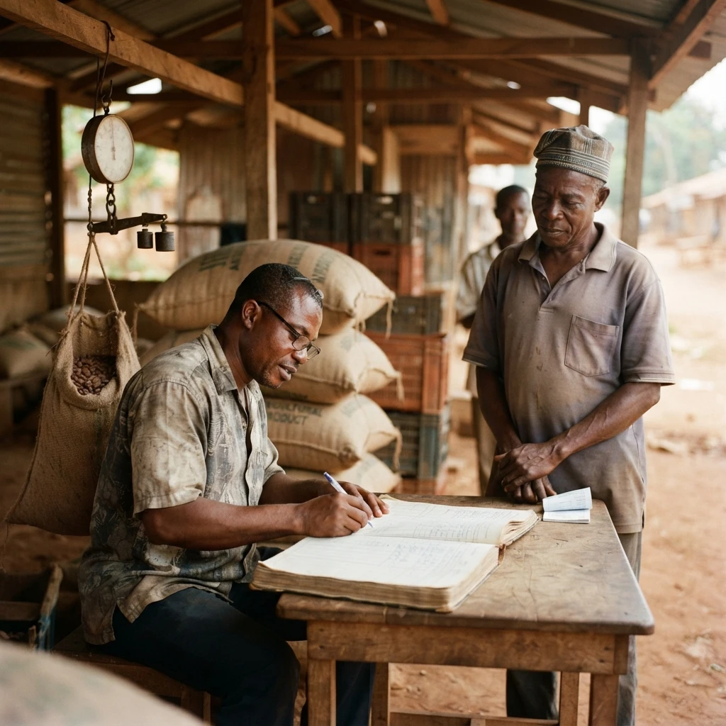 A Ghanaian licensed buying company clerk writing in a ledger at a rural purchasing shed, a farmer waiting beside a hanging scale and stacked jute sacks, documentary photograph