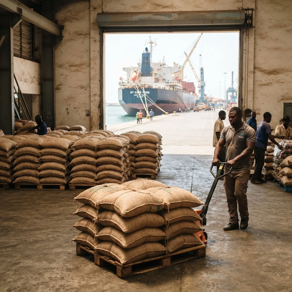 A Ghanaian port warehouse worker moving a pallet of jute sacks of cocoa beans toward a cargo ship docked outside, other workers and stacked sacks nearby, documentary photograph
