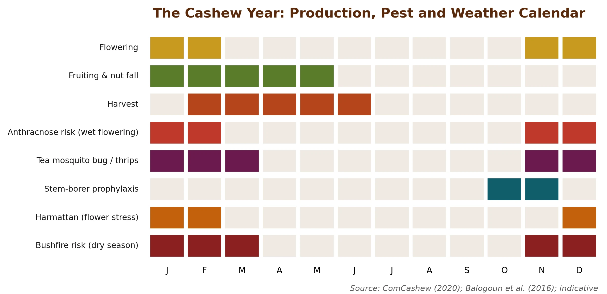 The cashew year: when the crop flowers and is harvested, and when each pest, disease and weather risk bites