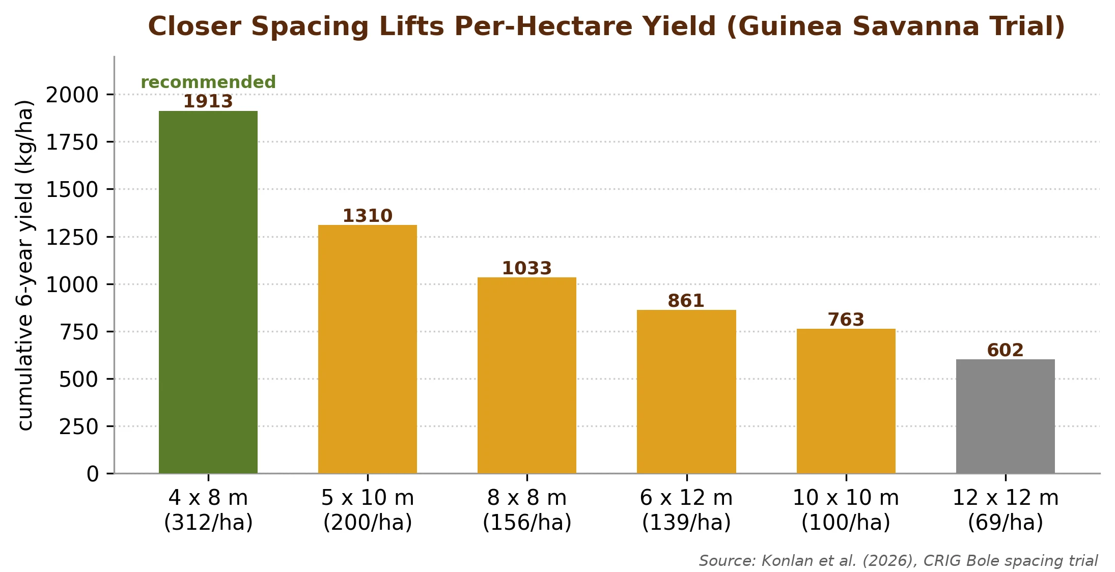 Planting spacing against per-hectare yield, showing 4 by 8 metres beating the old 12 by 12 metre rule roughly three to one