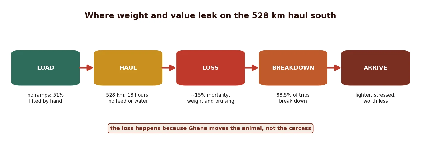 Where weight and value leak on the 528 kilometre haul south: mortality, weight loss, bruising and unfit vehicles