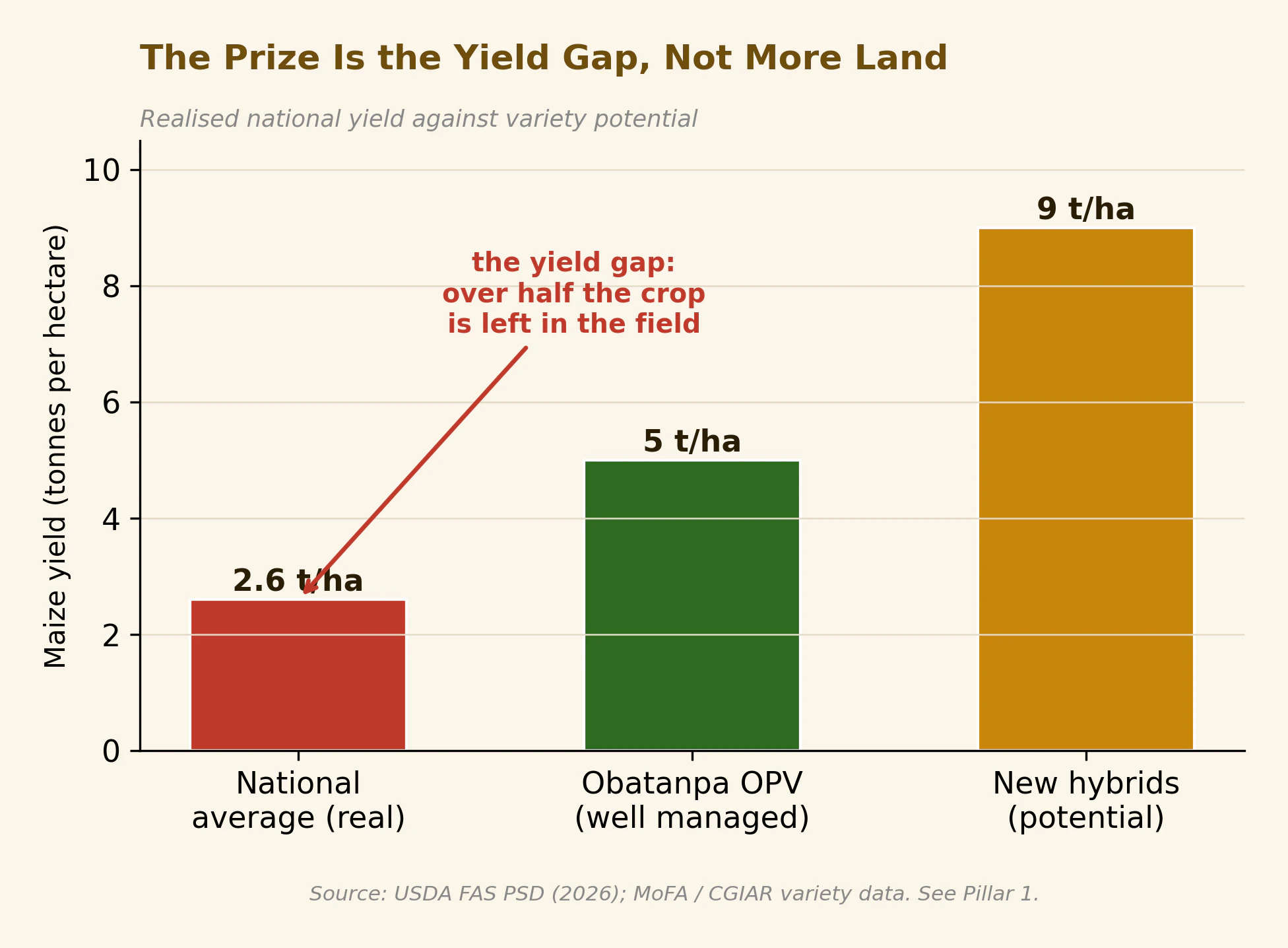 The maize yield gap: realised national yield against variety potential