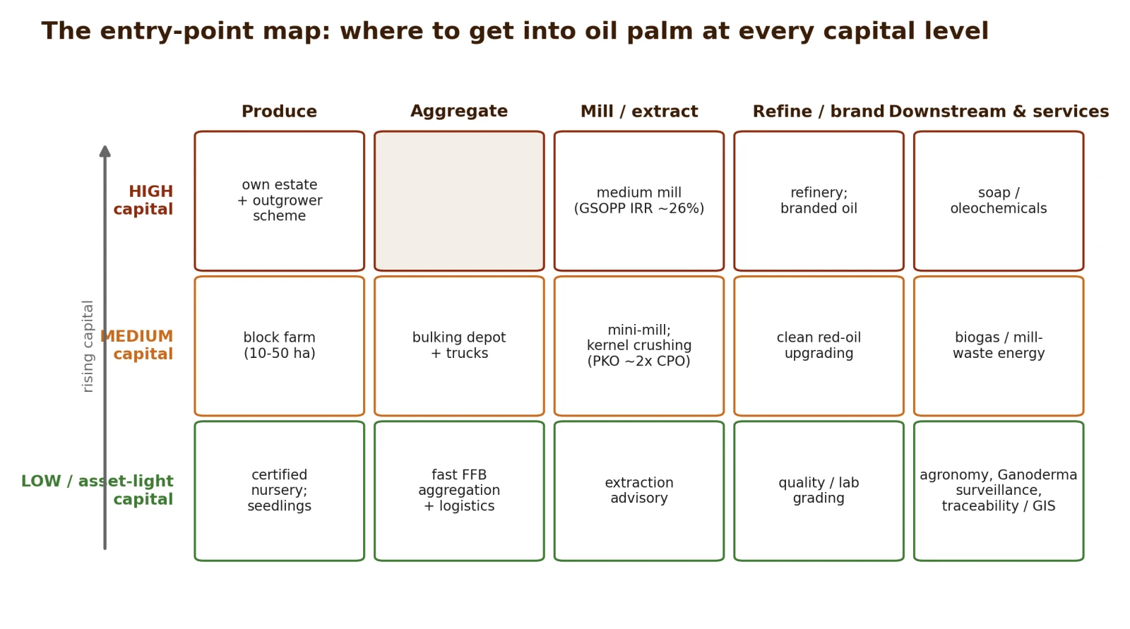 The entry-point map: openings in the oil palm chain by capital level and chain position