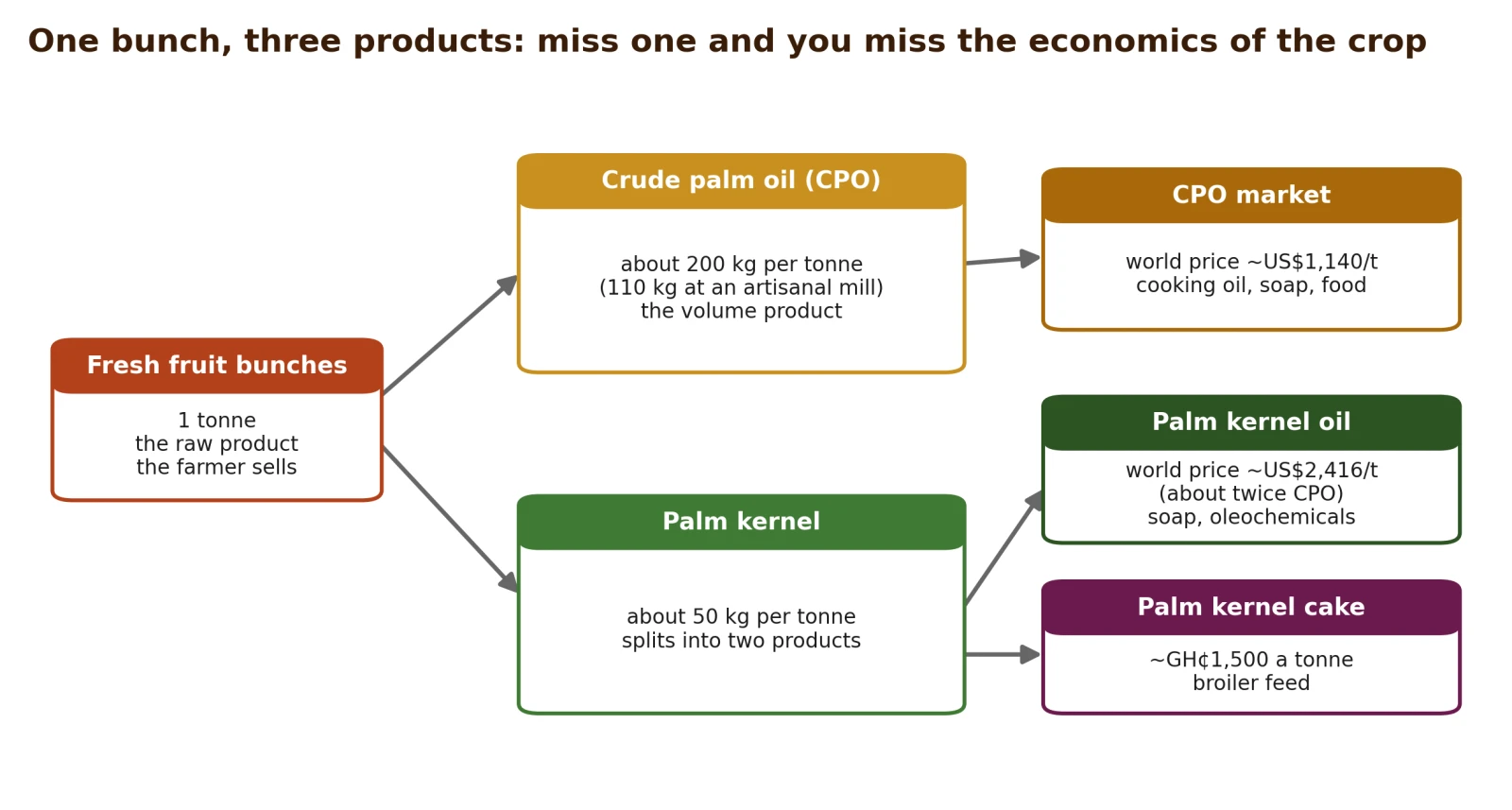 How one tonne of fresh fruit bunches splits into crude palm oil, palm kernel oil and palm kernel cake