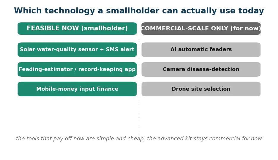 The feasible-now technology stack (solar sensor and SMS, feeding-record apps, mobile-money finance) against the commercial-only tools (AI feeders, camera disease-detection, drone siting)