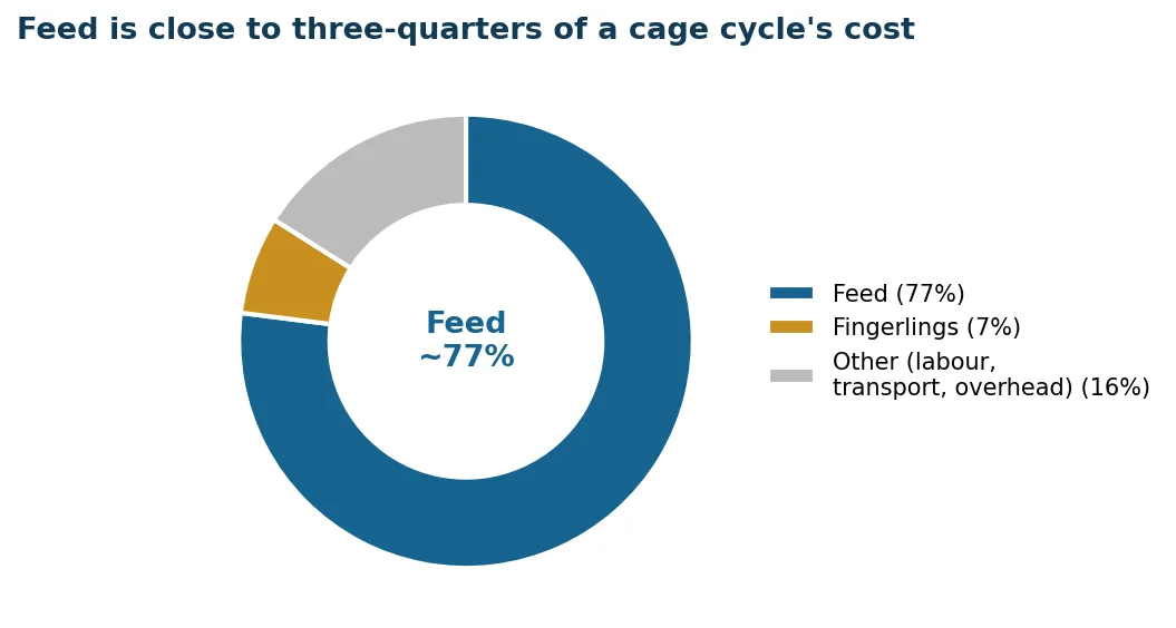 Where the money goes in a cage cycle: feed dwarfs every other cost line combined