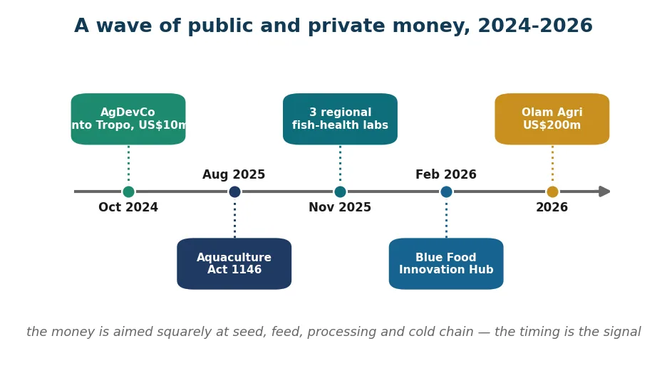 The 2024 to 2026 aquaculture investment wave: AgDevCo into Tropo, Olam Agri's aquafeed plant, and the Blue Food Innovation Hub