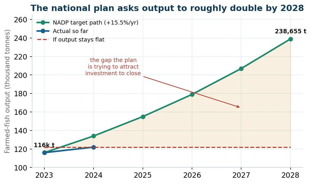The National Aquaculture Development Plan output target: about 116,000 tonnes in 2023 rising to about 238,655 tonnes by 2028