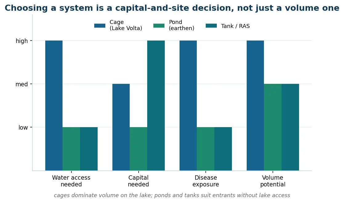 Cage, pond and tank systems compared on water need, capital, disease exposure and who each suits