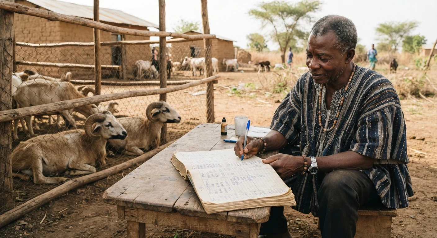 A farmer writing a purchase price and date into a handwritten ledger beside penned rams on a Ghanaian farm, documentary photograph