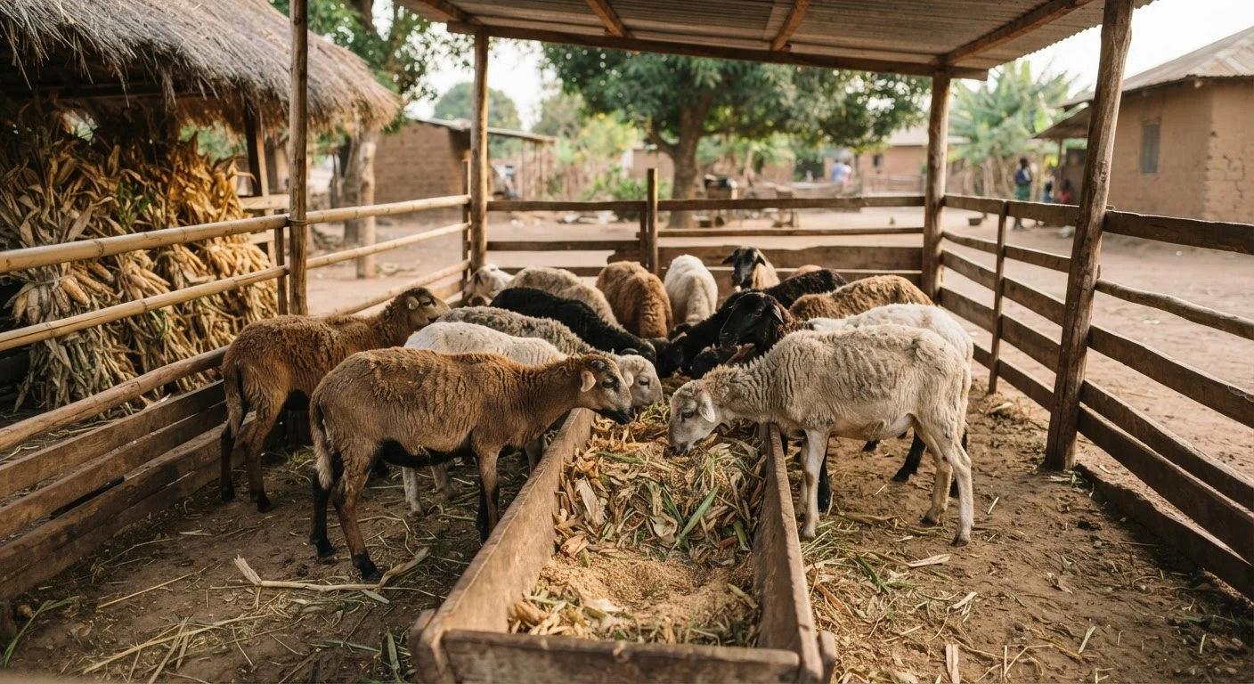 Rams penned for a fattening cycle being fed stored crop residue and concentrate feed from a trough, rural Ghana, documentary photograph