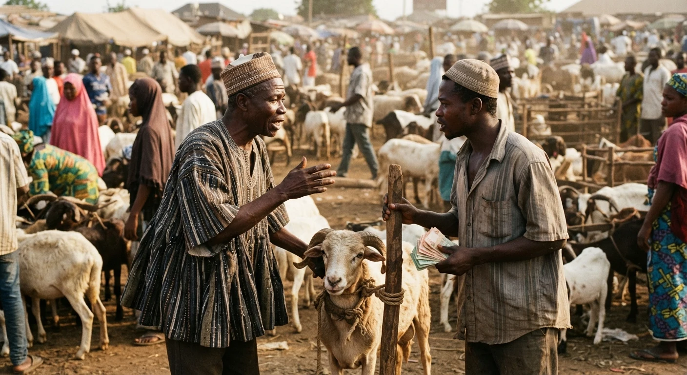 A seller and a buyer negotiating over a finished ram at a busy festival livestock market ahead of Eid, Ghana, documentary photograph