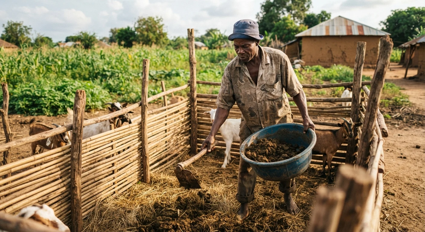 A farmer gathering goat manure into a basin from a fenced pen for use as compost on cropland, rural Ghana, documentary photograph