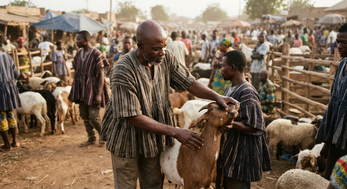 A buyer running a hand along a goat's back and inspecting its teeth before purchase at a busy Ghanaian livestock market, documentary photograph