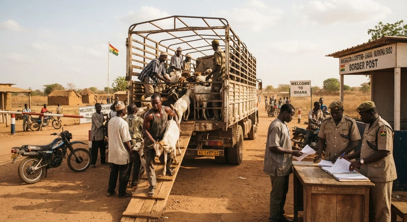 Sahelian traders loading a truck with goats and sheep at a Ghana-Burkina Faso border post, customs officials checking paperwork nearby, documentary photograph