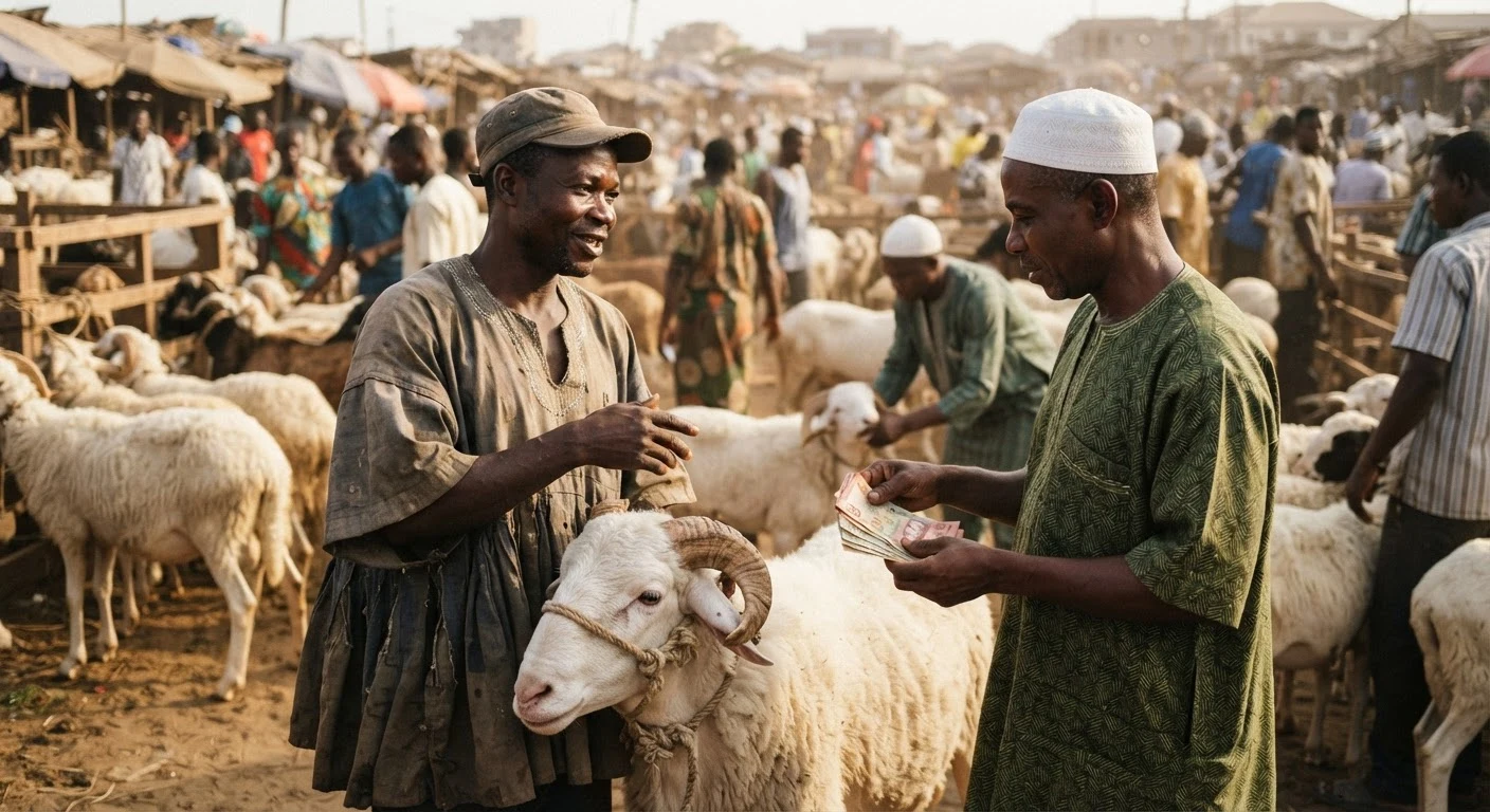 A trader showing off a large white Sahelian ram to a buyer at a crowded Eid-ul-Adha livestock market in Accra, cash changing hands, documentary photograph